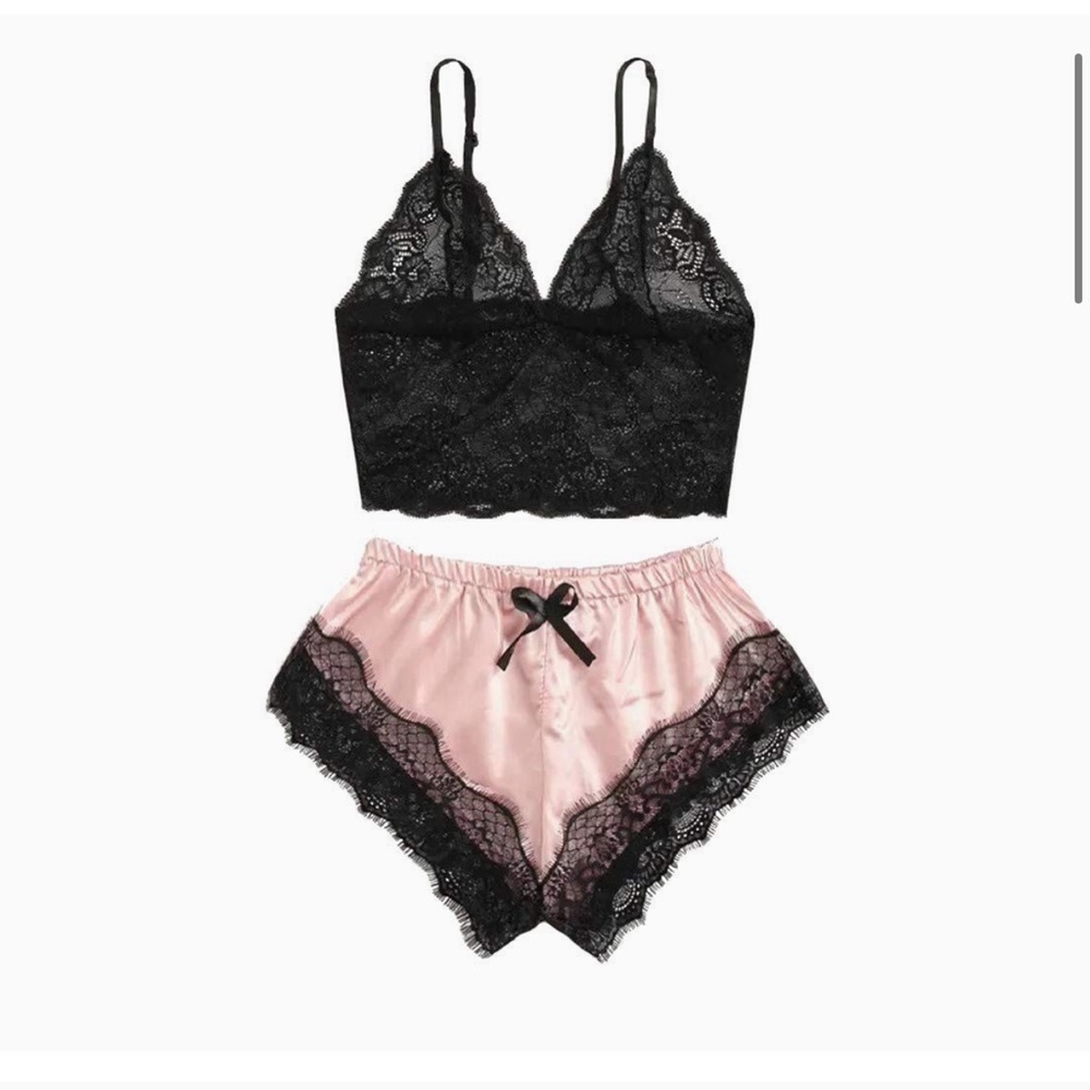 SHEIN Floral Lace‎ Bralette and Satin Shorts Set Pink Black Lingerie Sleepwear L